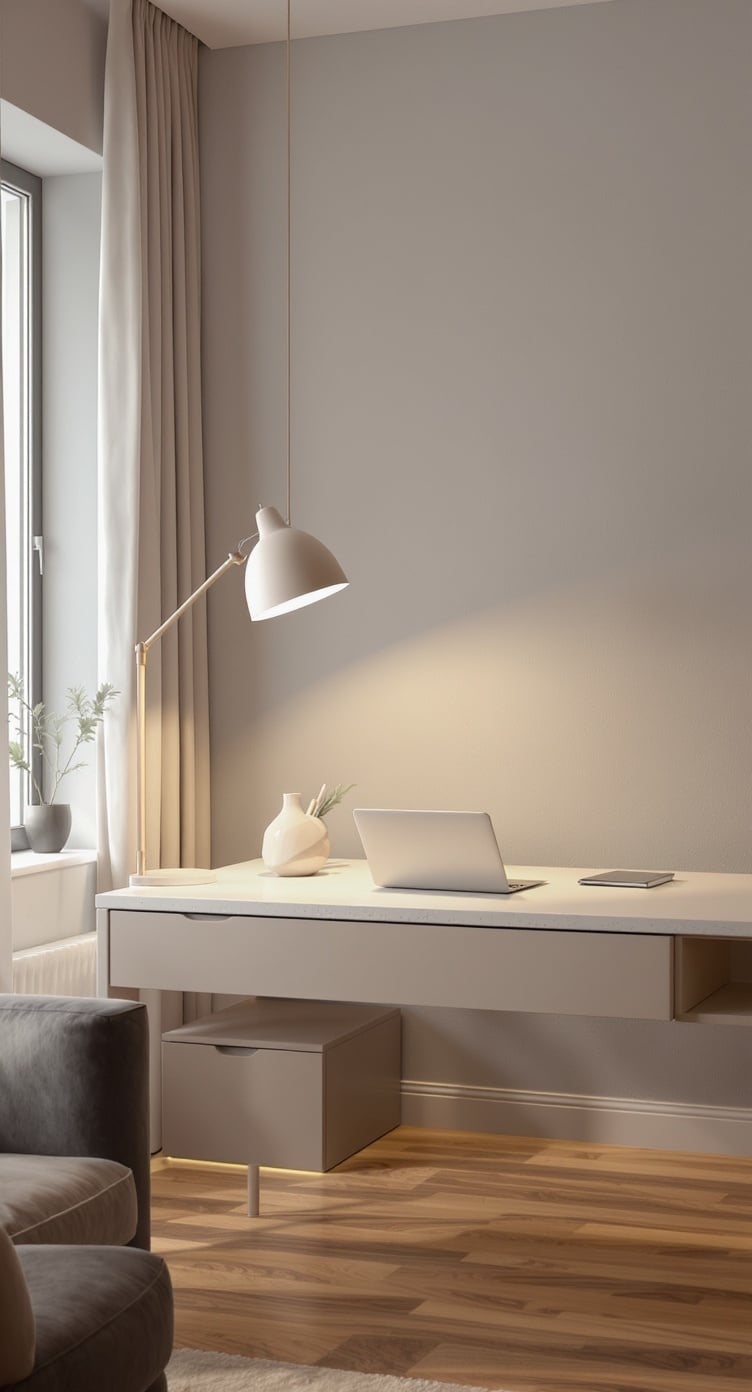 A modern home office with a greige lamp, minimalist desk, and warm wooden flooring.
