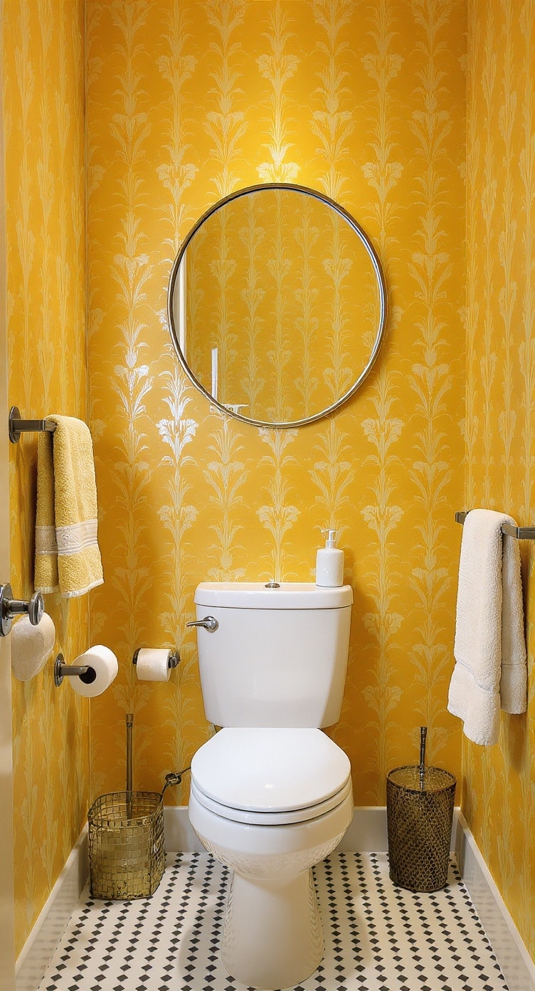 A mustard yellow bathroom with patterned wallpaper, a round mirror, and stylish accessories.