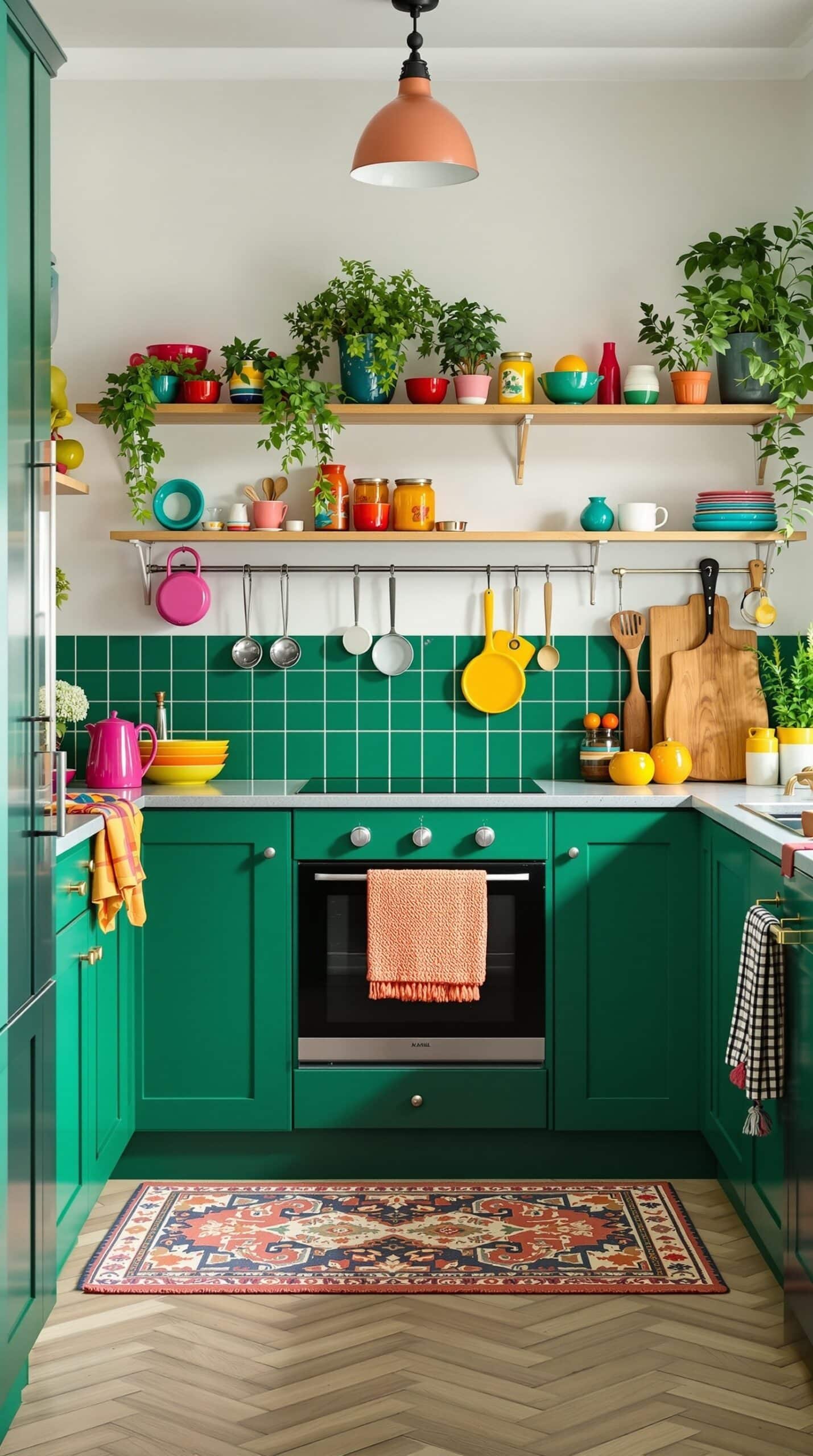 A vibrant emerald green kitchen featuring colorful accents like yellow utensils and pink decor.