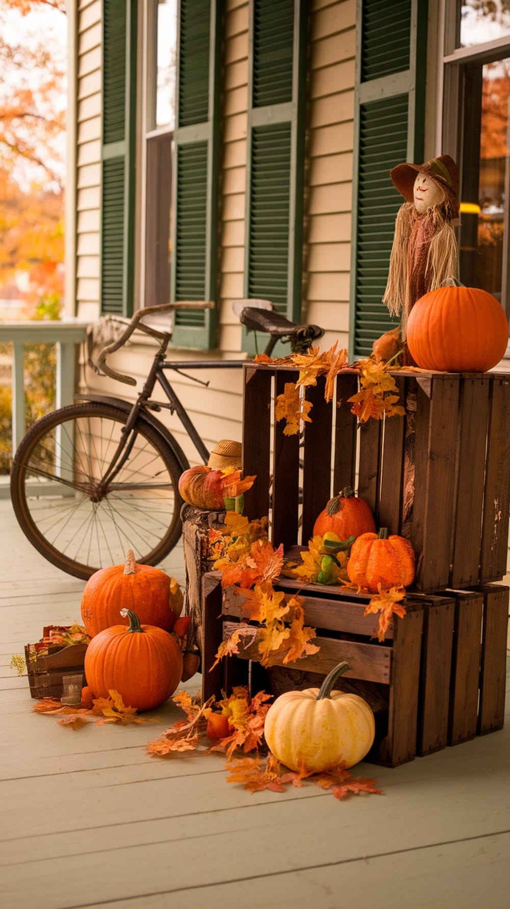 A cozy front porch decorated with vintage touches, including pumpkins, crates, and a bicycle.