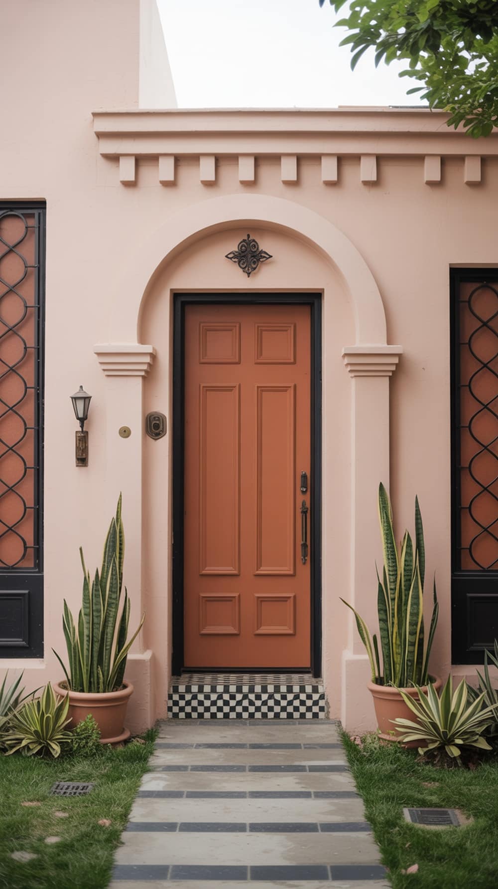 A rust orange front door with a classic design, surrounded by pink walls, checkered tile, and green plants.