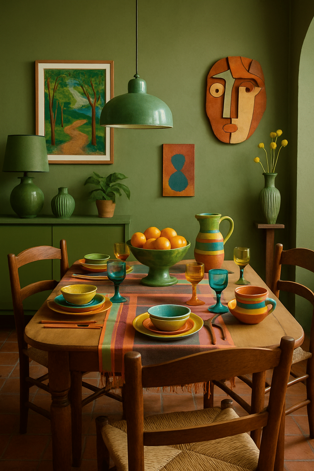 Eclectic dining room with olive green walls, colorful dishware, and unique decor elements.