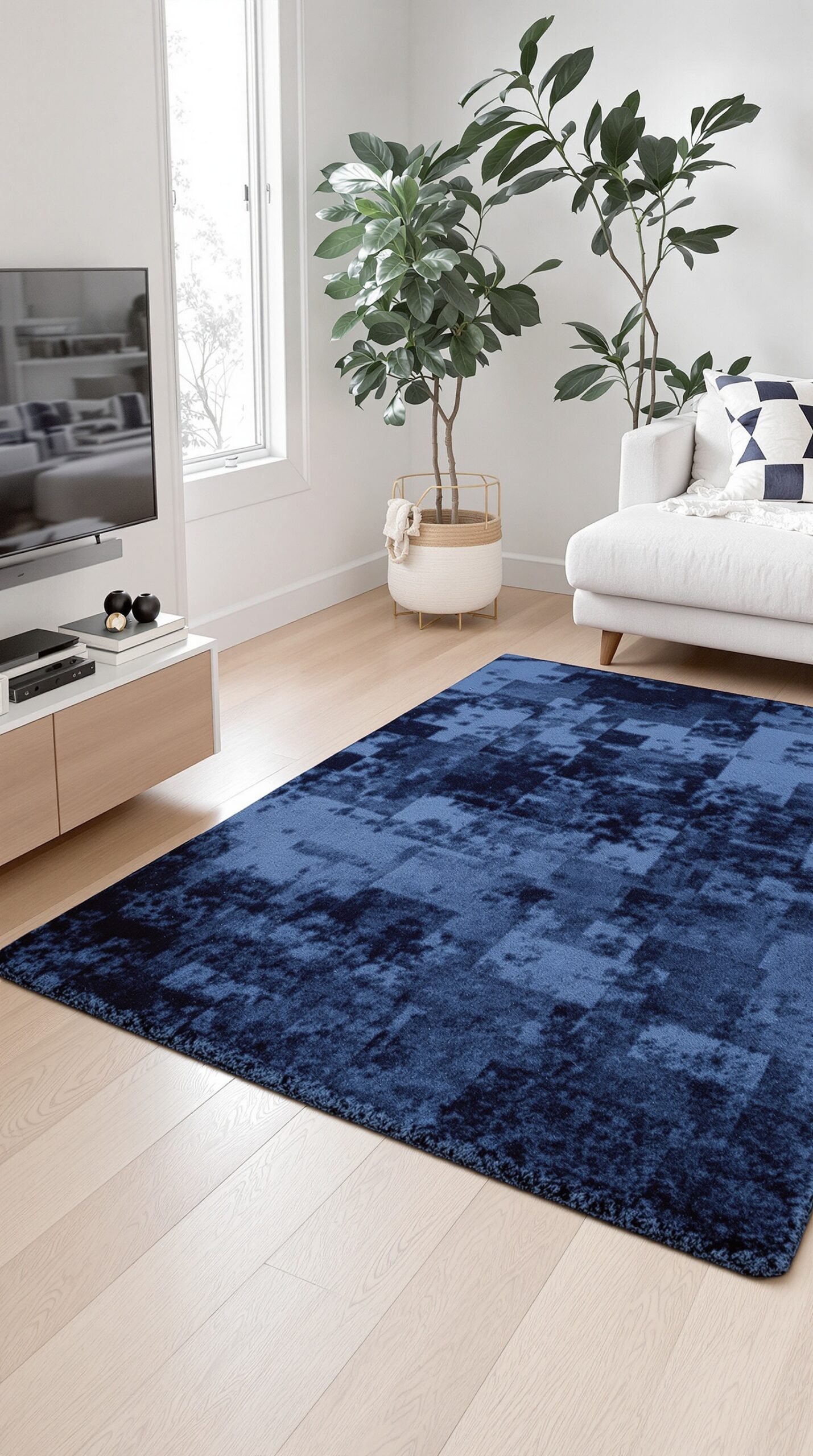 A navy blue area rug on light wooden flooring in a minimalist living room with a plant and a white sofa.