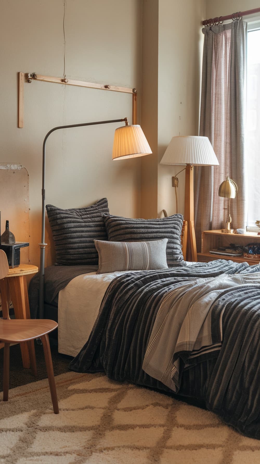 A cozy dorm room featuring a bed with layered gray textiles, including plush blankets and striped pillows, alongside a soft area rug.