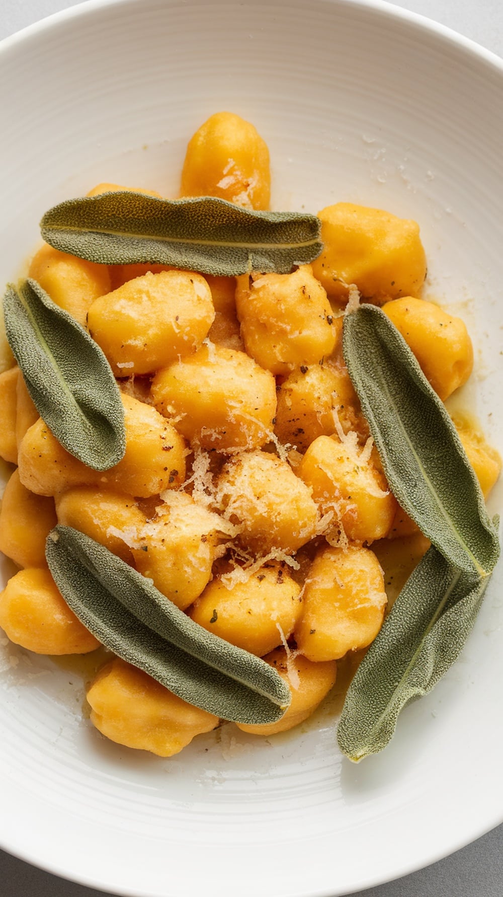 A plate of pumpkin gnocchi topped with sage leaves and grated cheese.