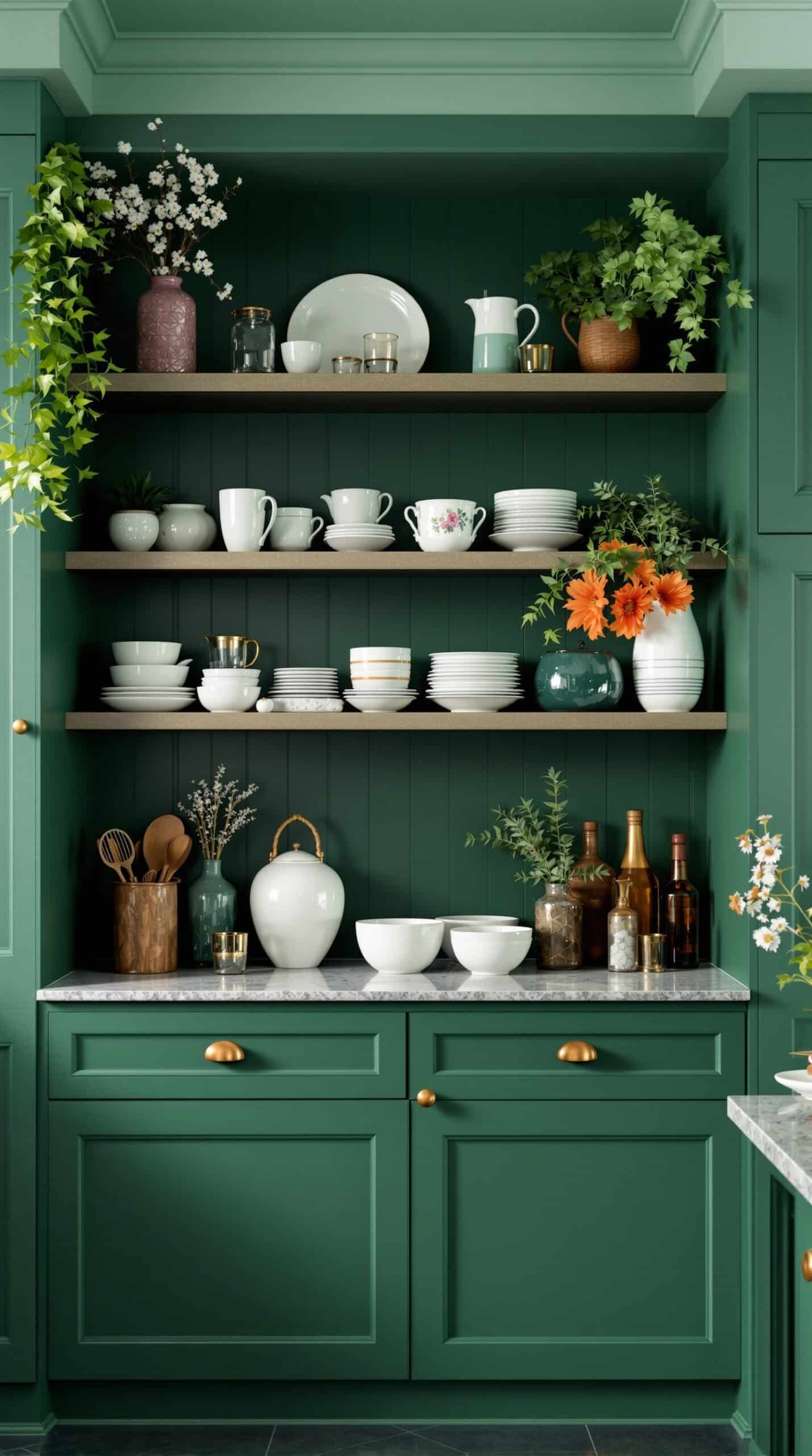 Open shelving in an emerald green kitchen displaying decorative dishware and plants