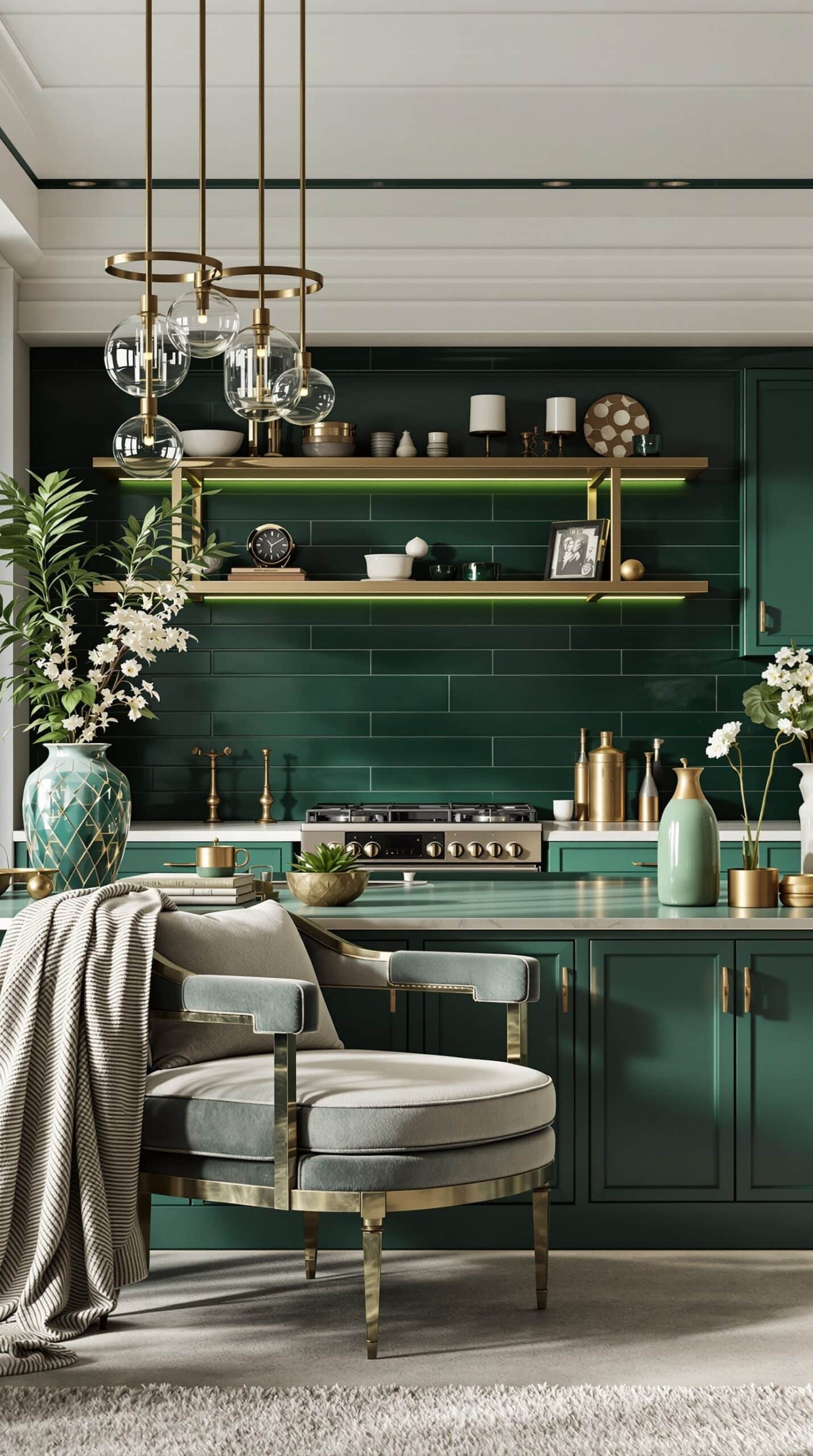 Luxurious emerald green kitchen featuring elegant textiles and soft furnishings