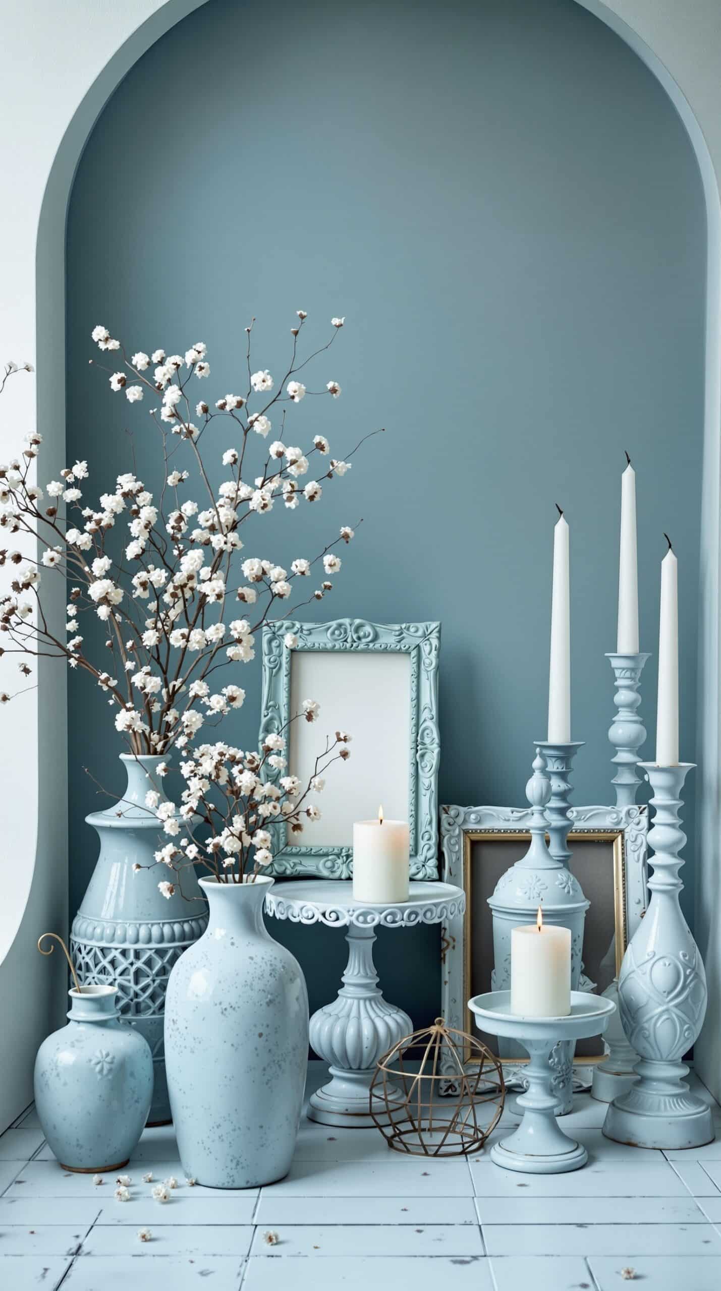 An arrangement of dusty blue decor accessories including vases, candles, and decorative frames.