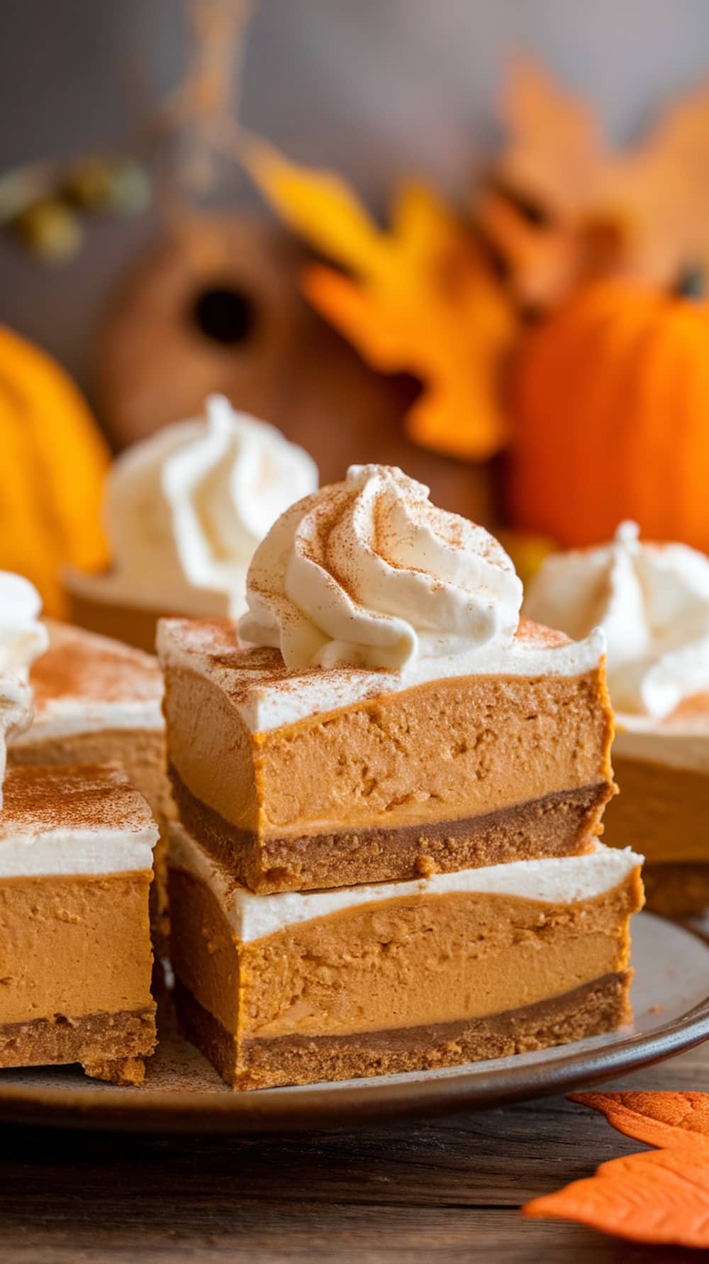 Delicious pumpkin cheesecake bars topped with whipped cream and cinnamon, surrounded by autumn leaves and pumpkins.
