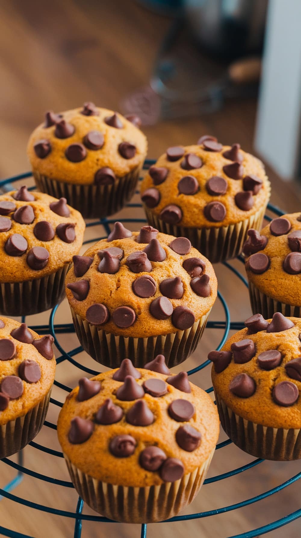 A batch of pumpkin chocolate chip muffins cooling on a wire rack.