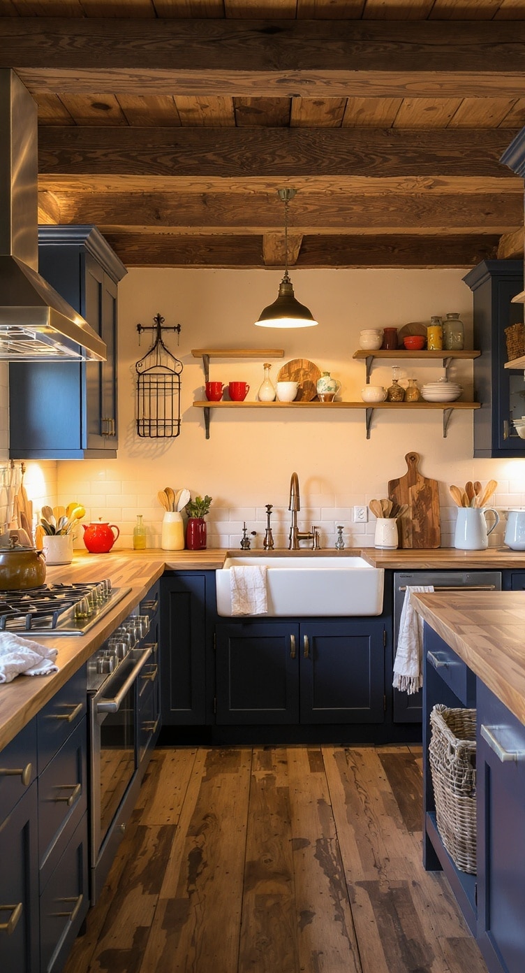 A cozy kitchen featuring indigo shaker cabinets with wooden accents and open shelving.
