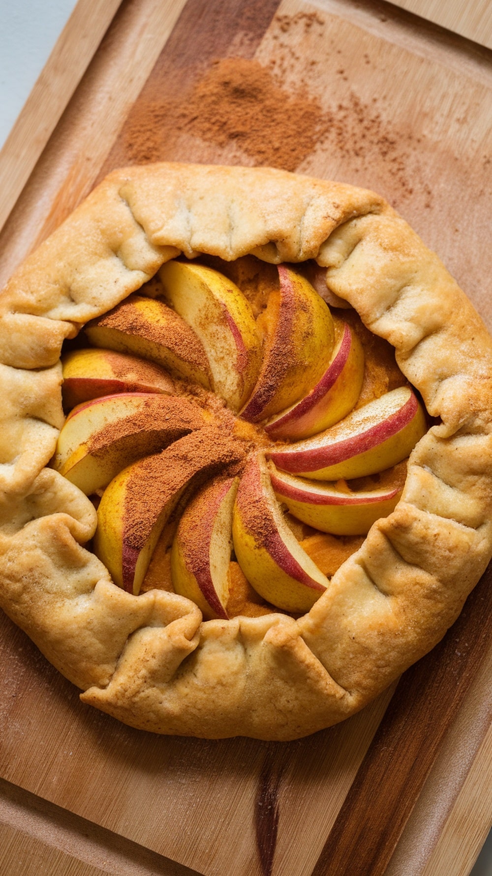 A pumpkin and apple galette with a golden crust and cinnamon sprinkled on top, showcasing sliced apples arranged in a spiral.