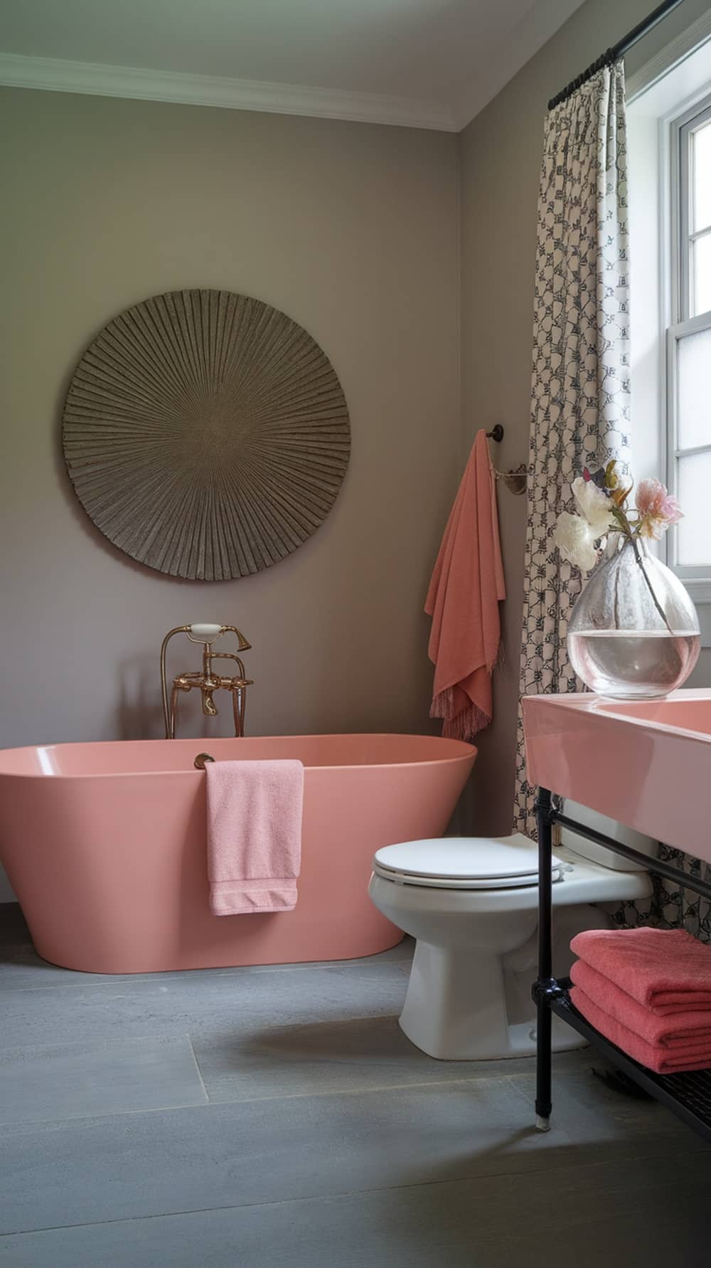 A blush pink bathroom featuring a unique bathtub, gold fixtures, and stylish decor.