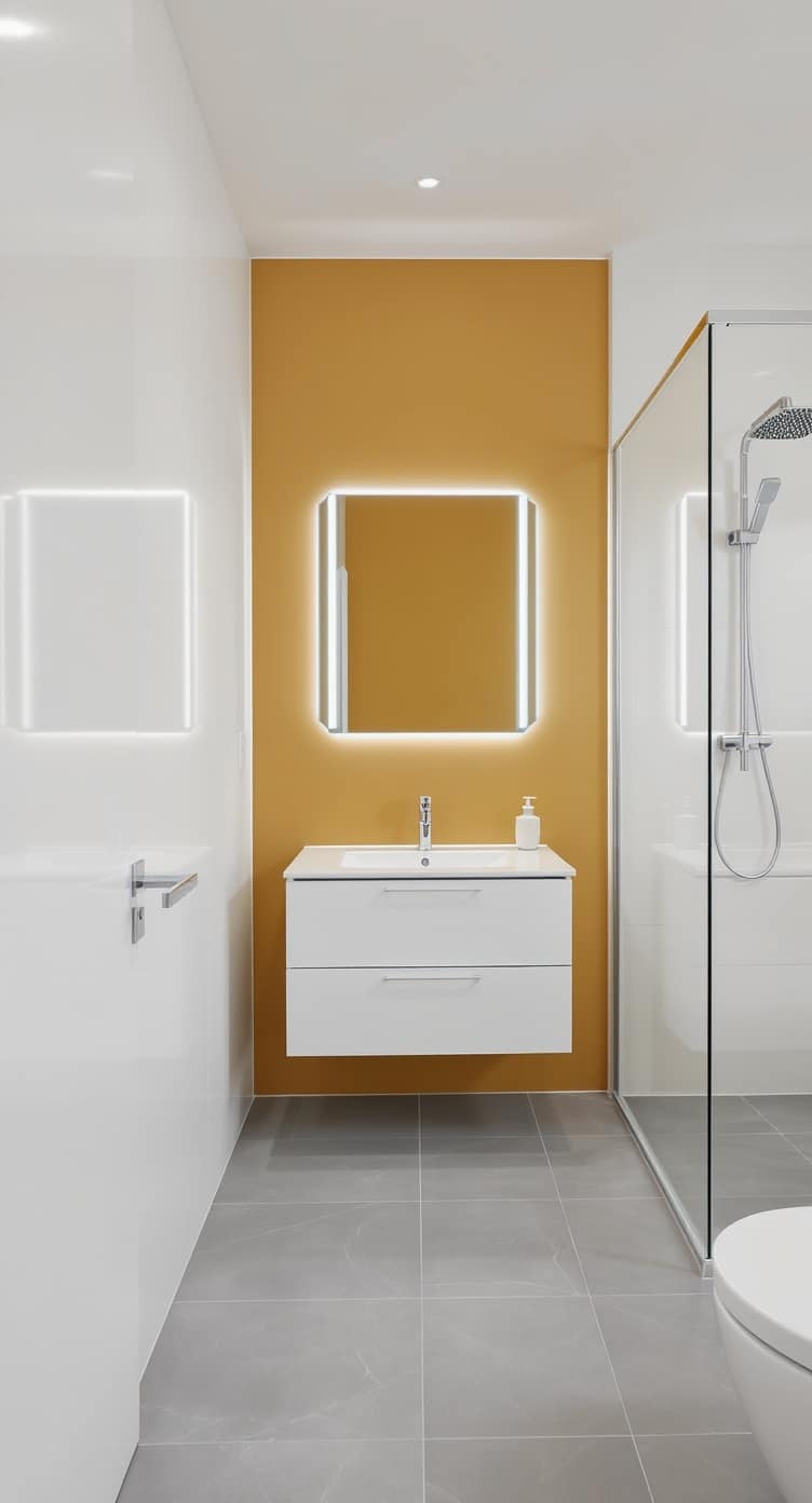 Modern minimalist bathroom with a mustard yellow wall, white cabinetry, and sleek fixtures.