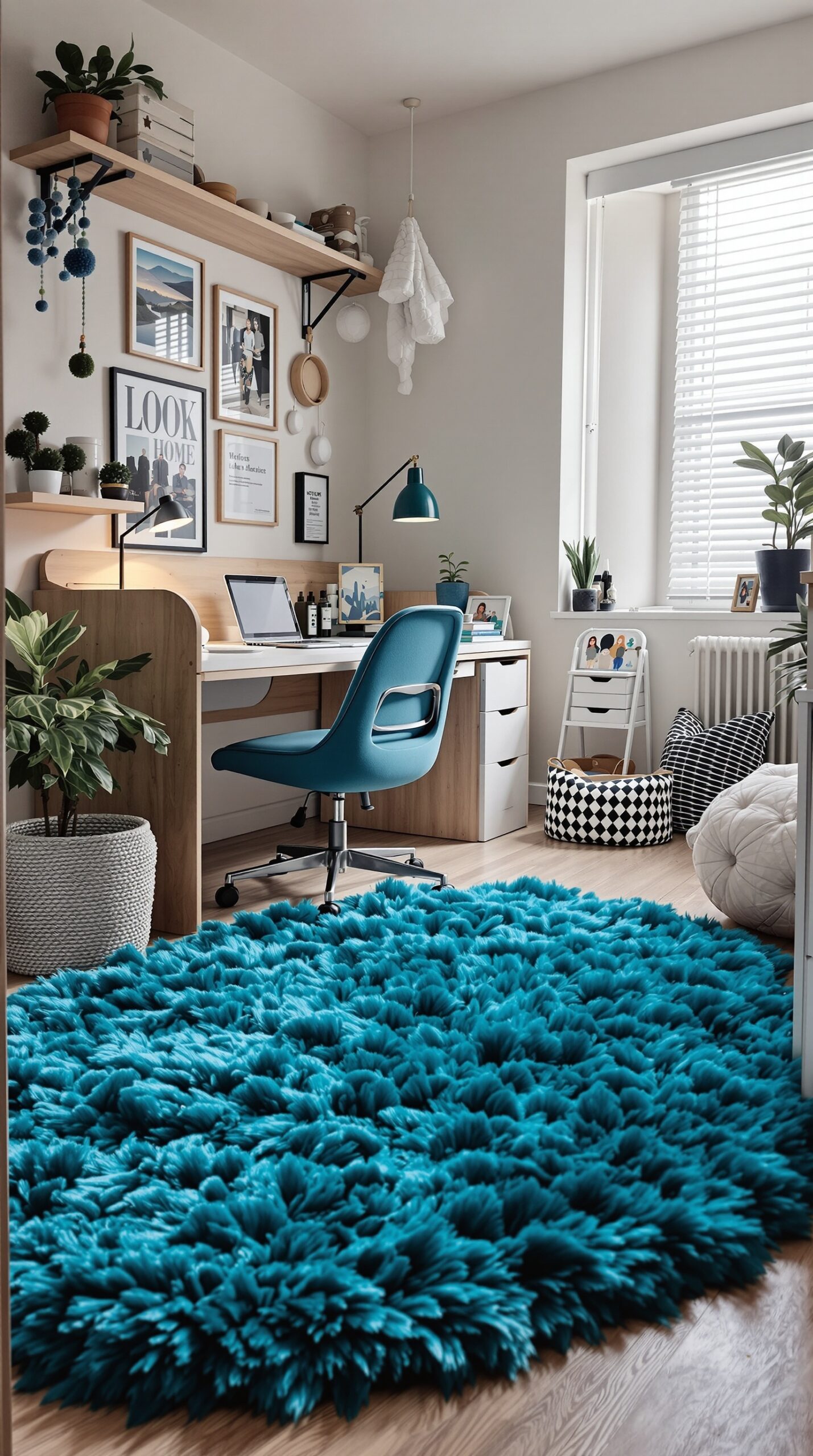 A cozy dorm room featuring a fluffy peacock blue rug, a desk with a chair, and decorative plants.