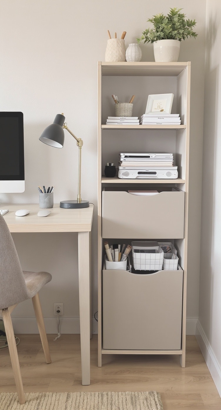 A modern home office setup featuring greige storage solutions, including open shelves and stylish bins.