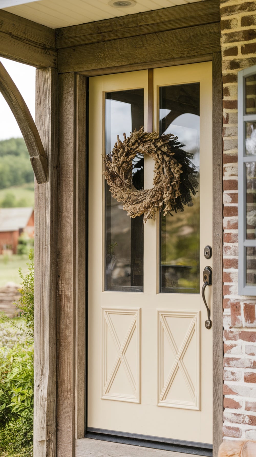 Cream front door with glass panels and a twig wreath, framed by rustic wood and brick.