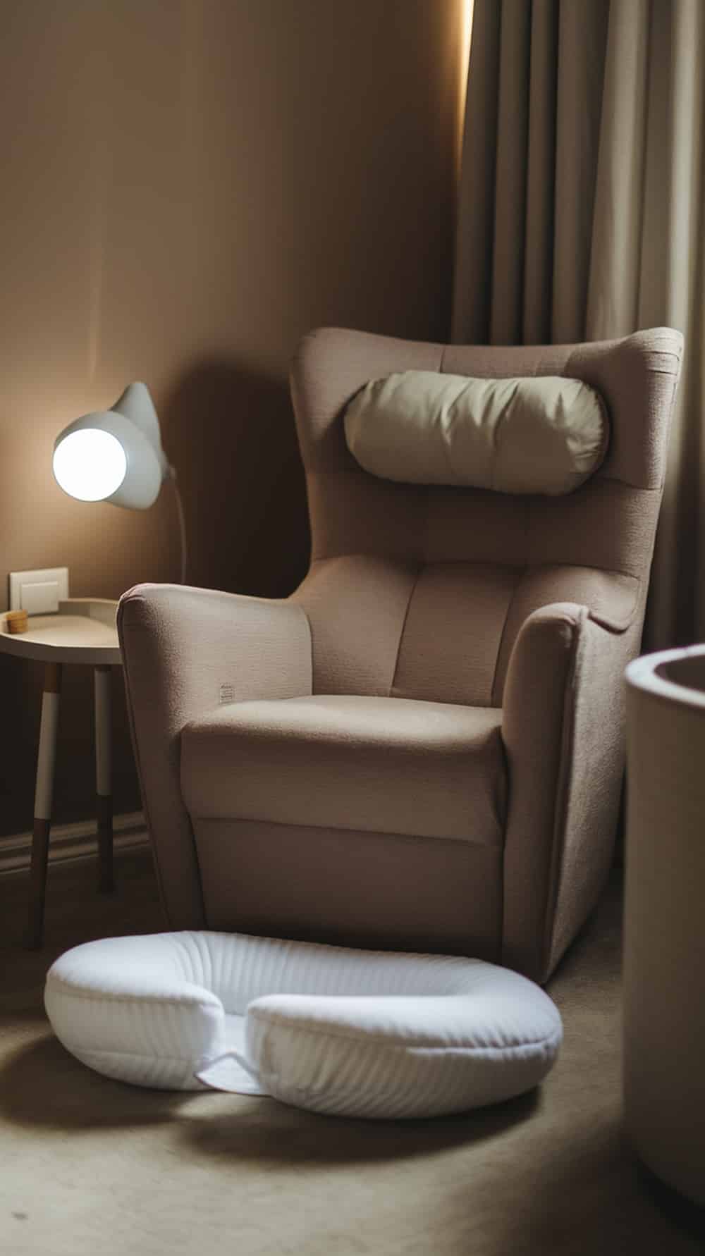 A cozy nursing corner featuring a taupe armchair, a lamp, a side table, and a nursing pillow on the floor.