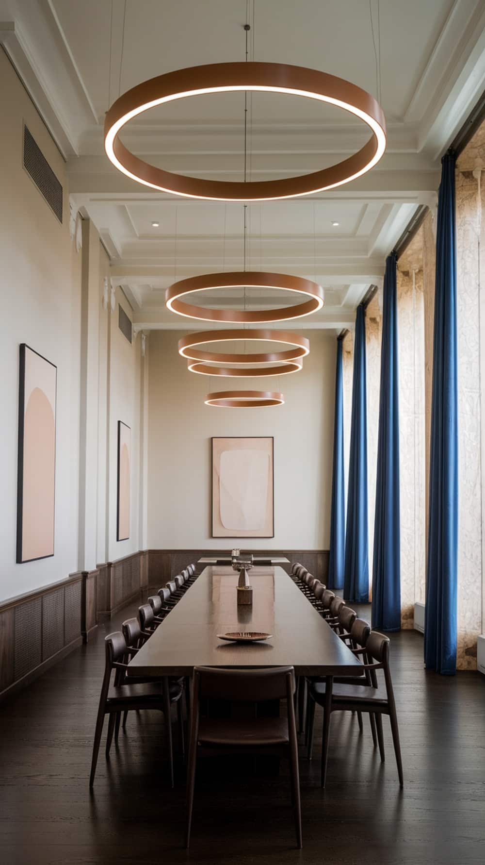 Modern dining room with caramel lighting fixtures and a long table