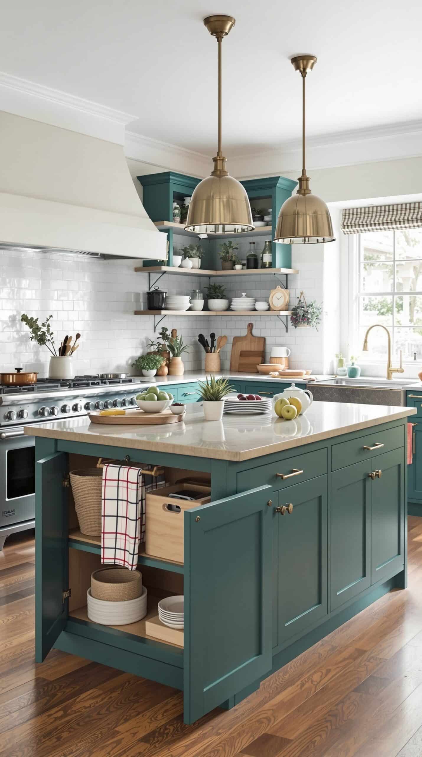 Emerald green kitchen with a functional island featuring storage and stylish pendant lights.