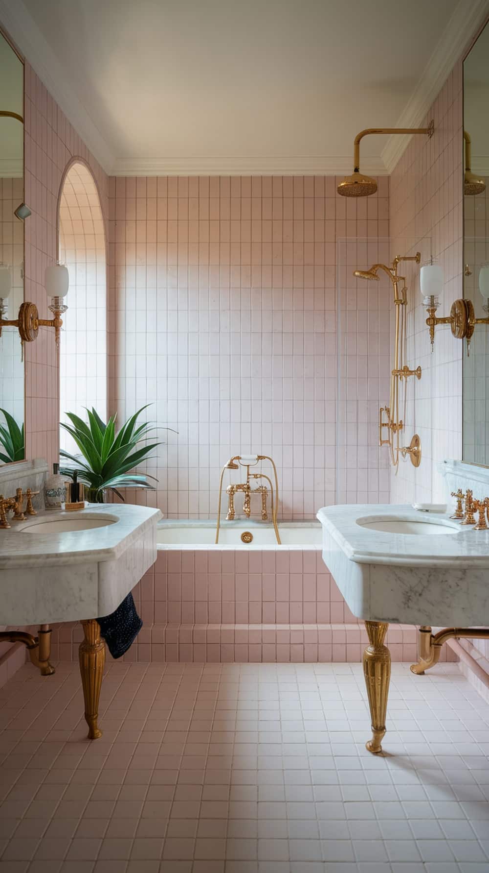 A stylish bathroom featuring blush pink tiles, marble sinks, and gold fixtures.