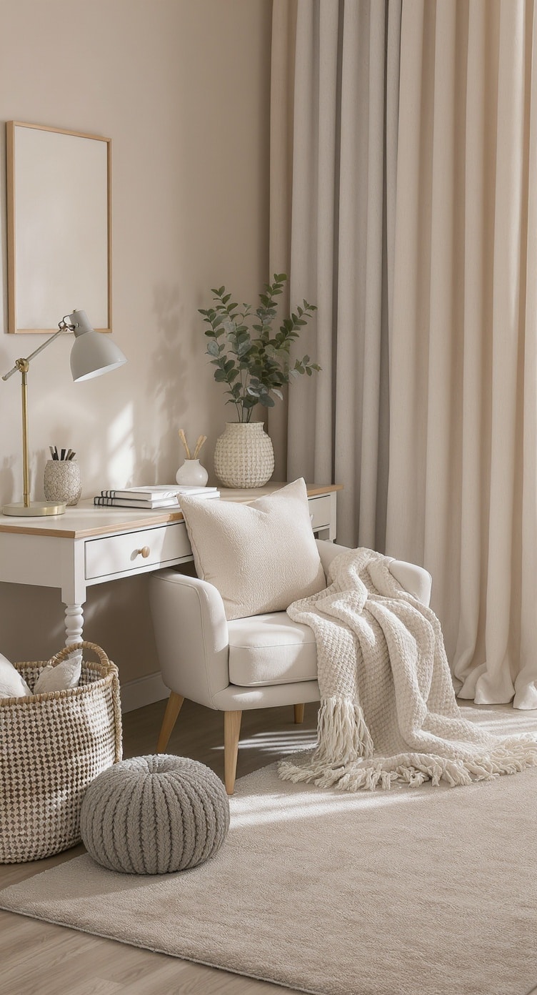 A cozy greige home office featuring layered textures with a comfortable chair, soft blanket, and decorative elements.