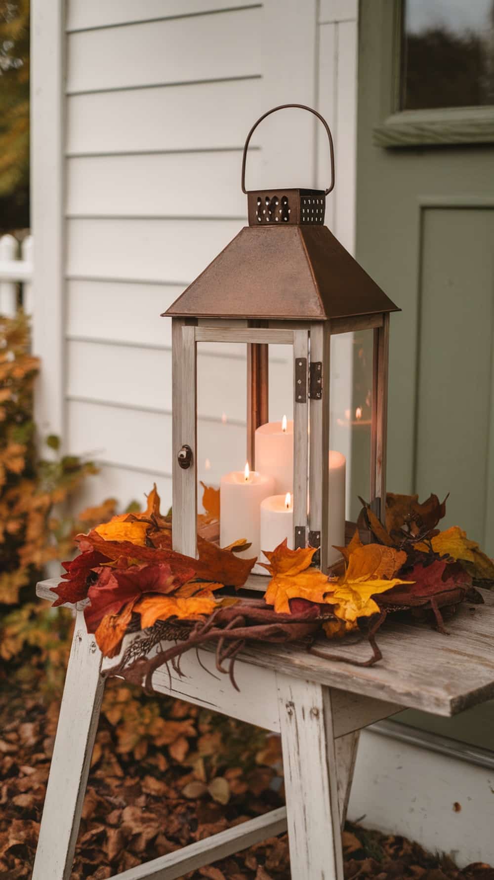 A decorative lantern with candles surrounded by autumn leaves on a wooden table.