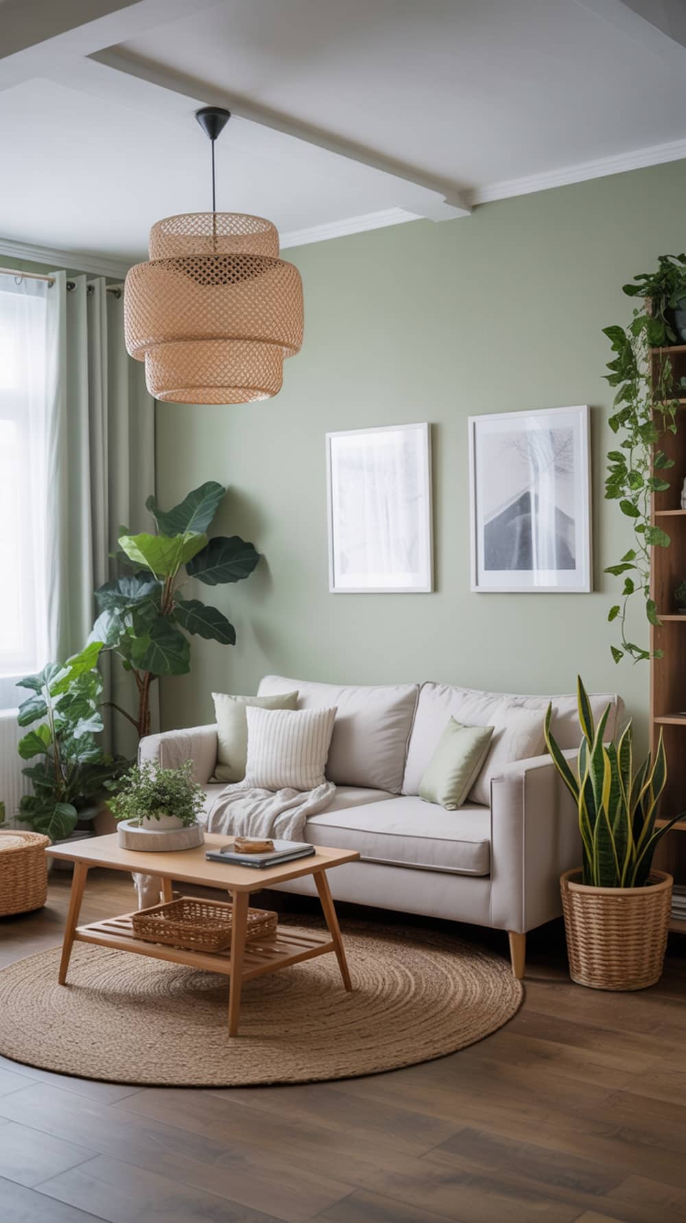 A cozy living room featuring soft mint walls, a neutral sofa with mint accents, potted plants, and a woven rug.