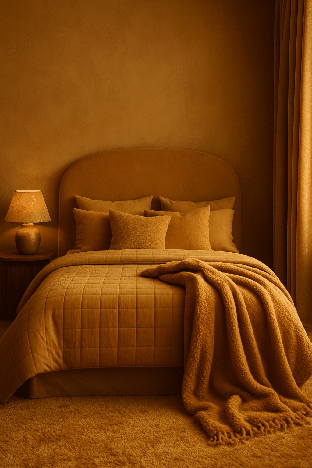 A cozy ochre yellow bedroom featuring a layered bed with various pillows, a quilted bedspread, and a fluffy throw, complemented by matching curtains and a lamp.