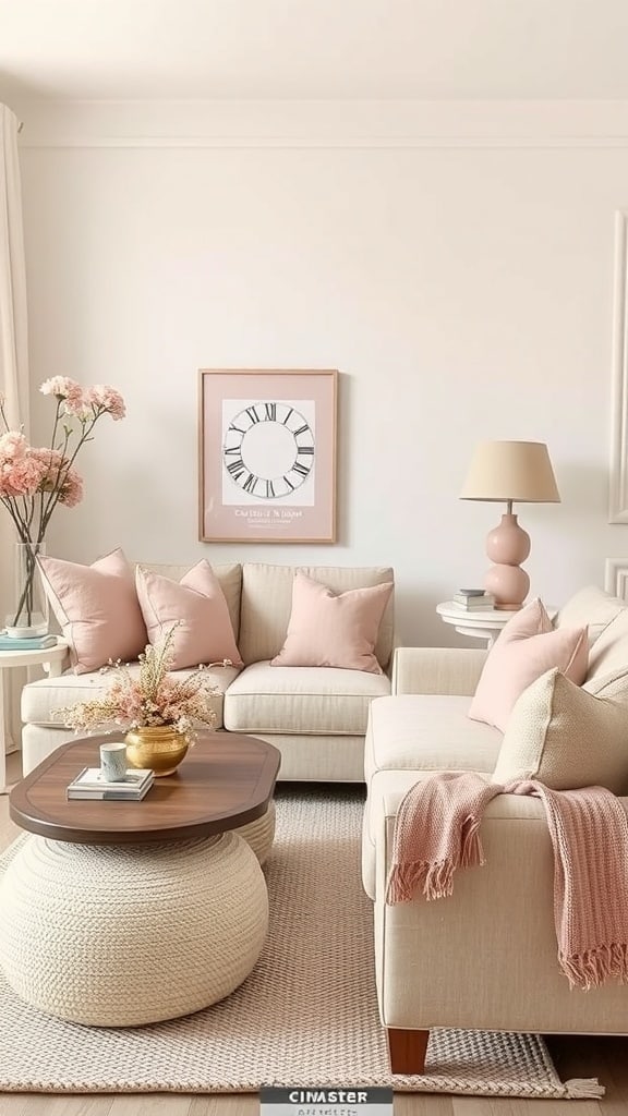 Cozy living room with blush pink accents and neutral furniture