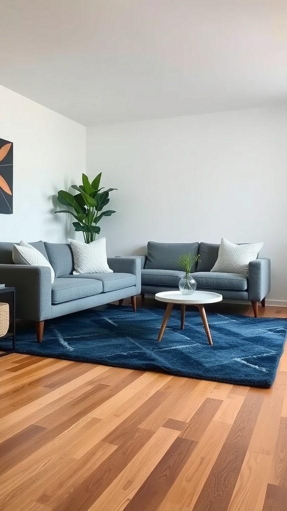 A cozy living room featuring a layered indigo rug, gray sofas, and wooden flooring.