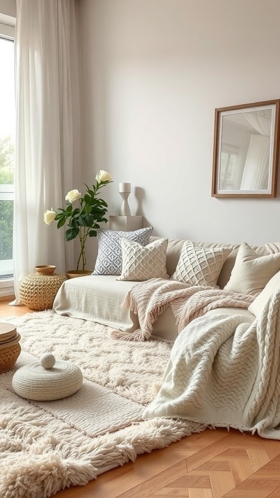 A cozy cream living room with layered textures, featuring a soft rug, patterned pillows, and natural decor elements.