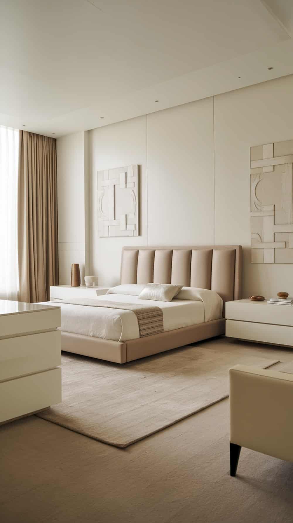 A traditional beige bedroom featuring ornate furniture, soft bedding, and elegant moldings.