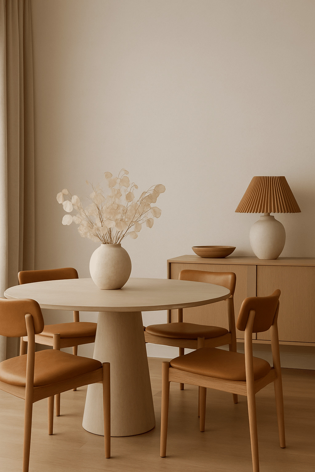 Minimalist dining room featuring a round table, caramel-accented chairs, and neutral decor.