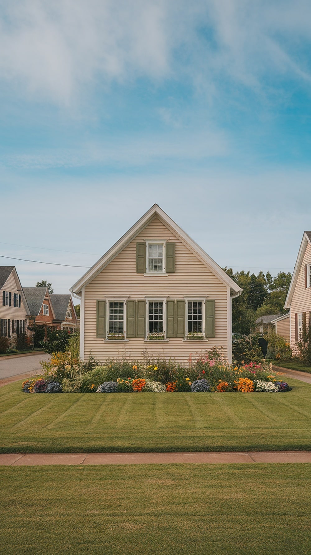 A house with Accessible Beige exterior and olive shutters, surrounded by a colorful flower garden.