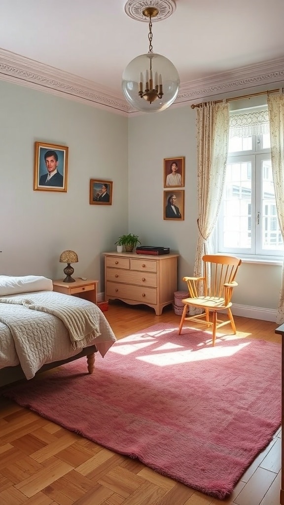 A vintage bedroom featuring a soft pink rug, wooden furniture, and framed portraits on the wall.