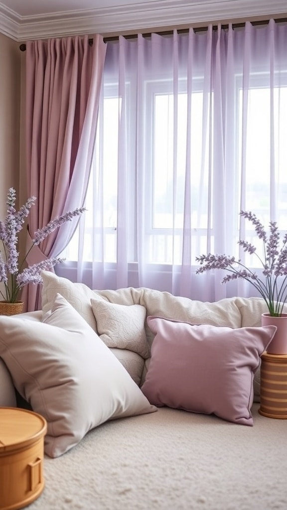 A cozy living room corner with soft lavender curtains and pillows, featuring a light-colored couch and decorative flowers.