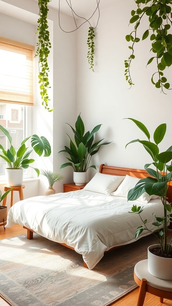 A mid-century bedroom featuring a bed with white bedding, surrounded by various indoor plants, including hanging plants and tall leafy greens.