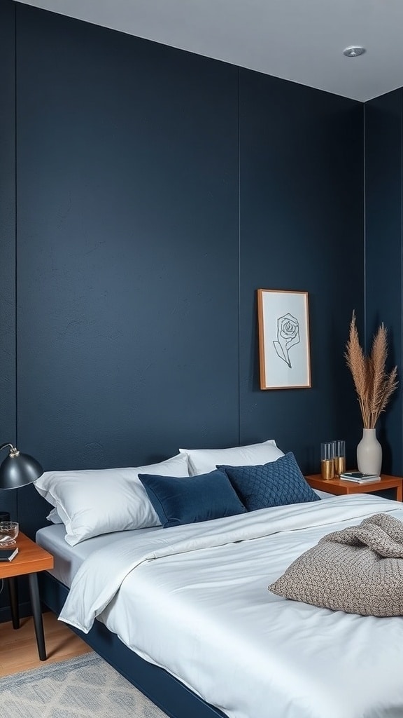 A bedroom with midnight blue textured walls, featuring a modern bed, soft bedding, and natural decor.