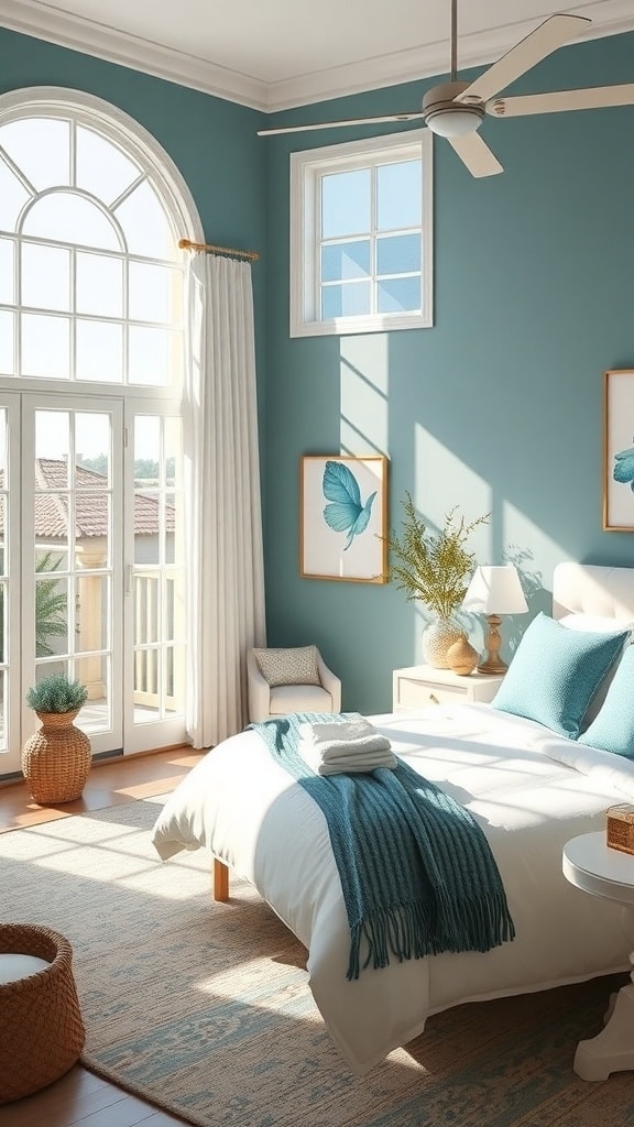 A serene bedroom with teal walls, large windows, and coastal decor elements.