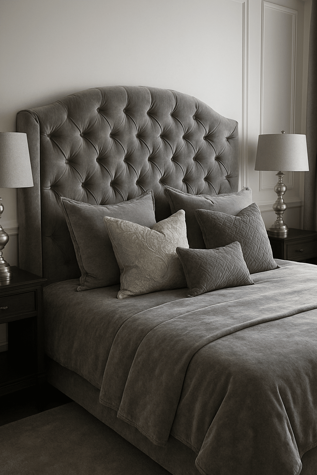 A luxurious gray velvet bedroom featuring a tufted headboard, layered pillows, and stylish lamps.