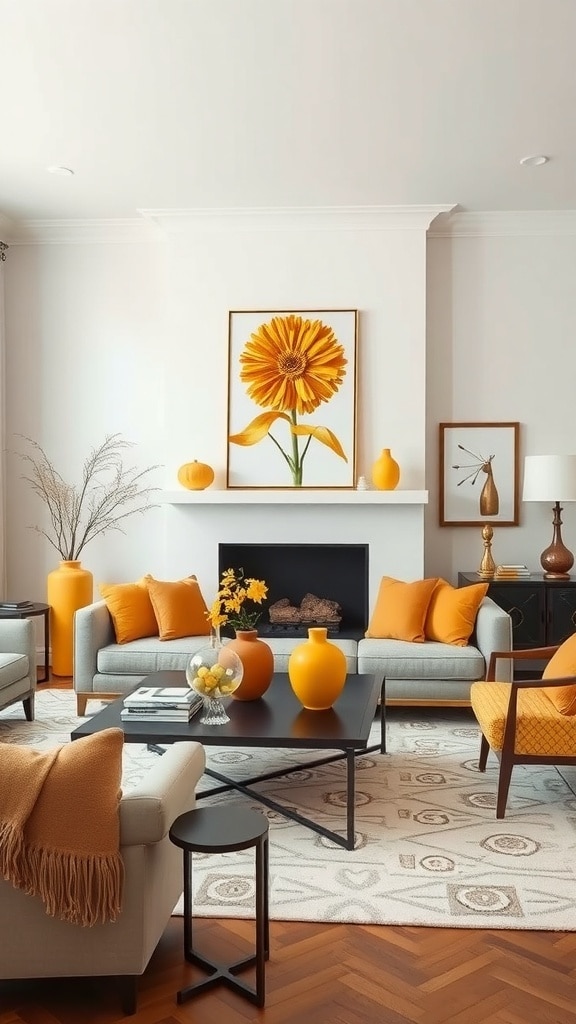 A stylish living room featuring mustard yellow decorative accessories, including cushions, vases, and artwork.
