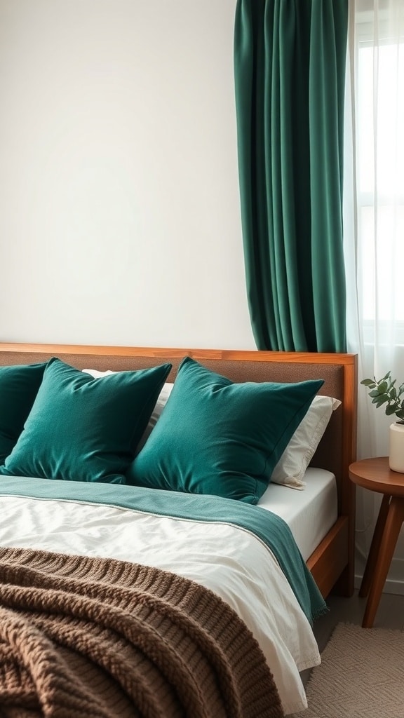 Cozy bedroom with forest green accents including pillows and curtains