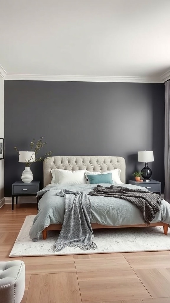 A cozy bedroom with a dark gray accent wall, light bedding, and modern furniture.