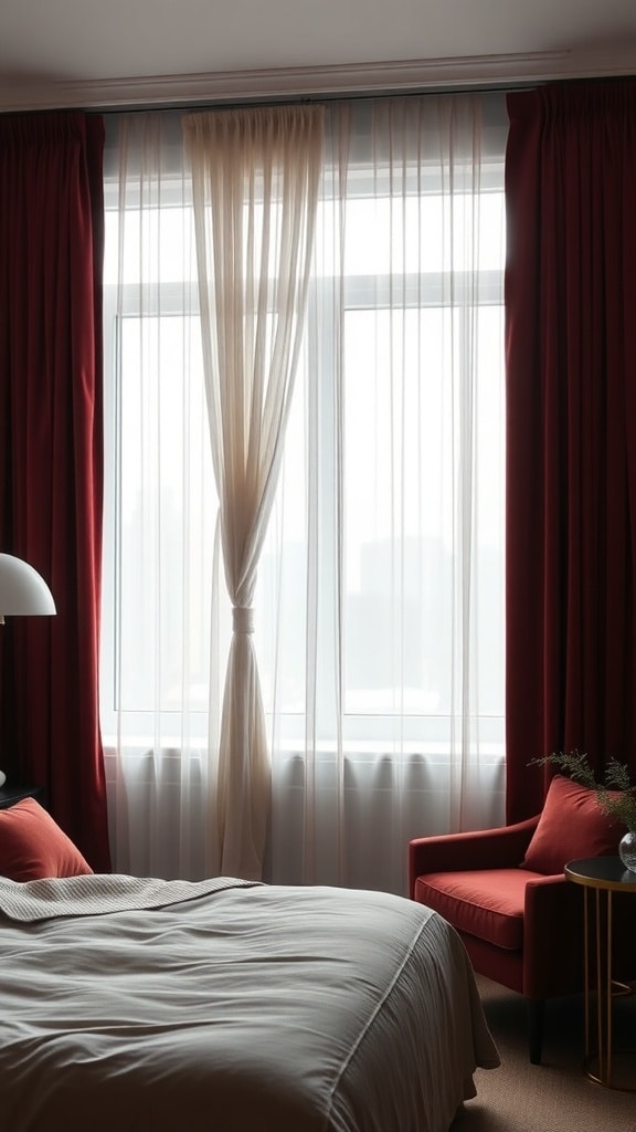A cozy bedroom featuring deep red velvet curtains, a light-colored bedspread, and a red armchair.
