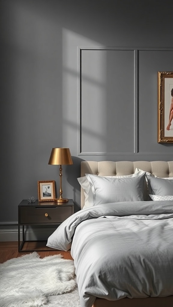 A stylish gray bedroom featuring a gold lamp and elegant decor