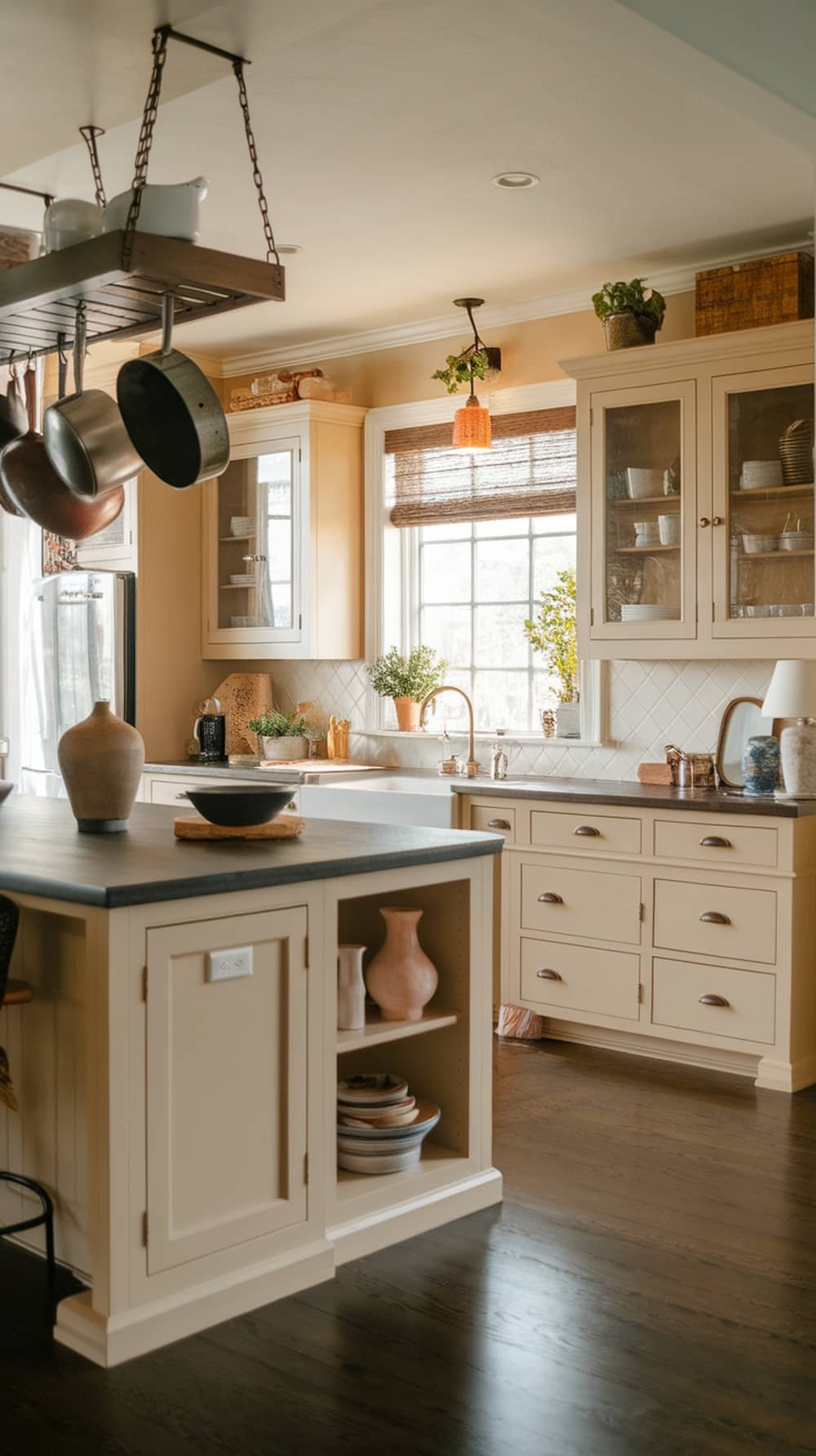 A cozy kitchen featuring accessible beige cabinets, natural light, and decorative elements.