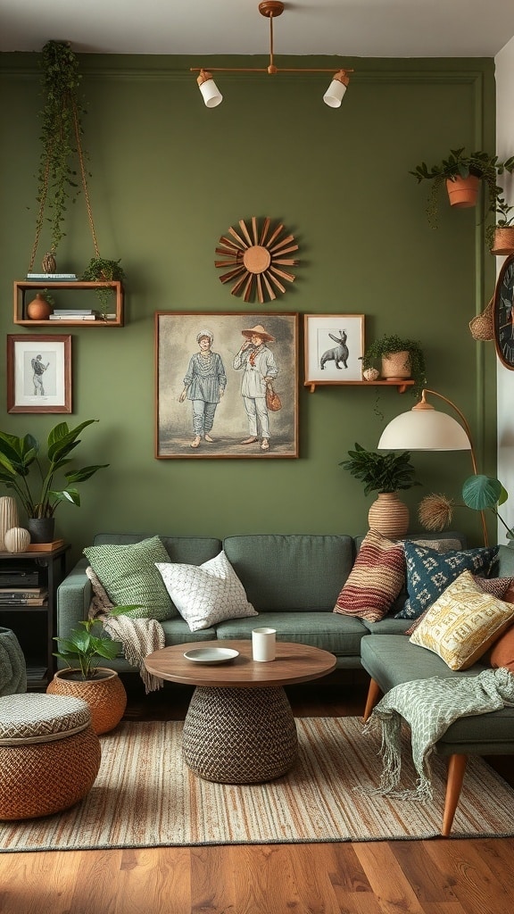 A stylish olive green living room with Bohemian decor, featuring a cozy sofa, decorative cushions, plants, and wall art.