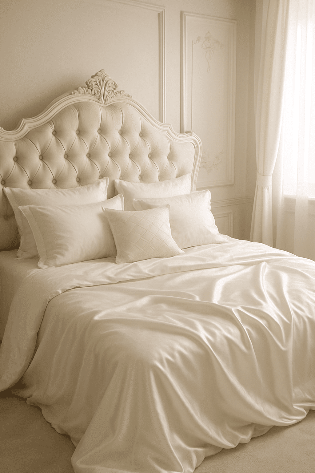 A luxurious bed with silk bedding and a tufted headboard in soft cream tones.