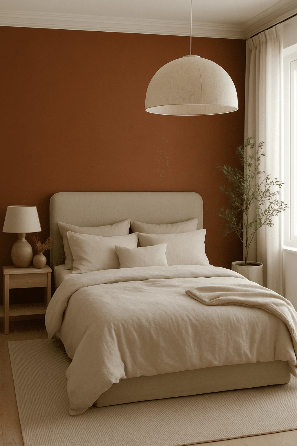 A cozy bedroom featuring burnt sienna walls and soft neutral bedding.